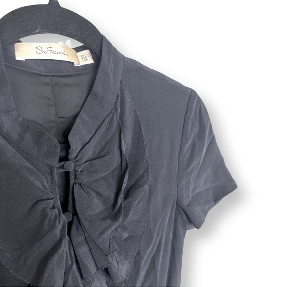[ SO FRENCH ] Black 100% silk ruffle breast tailored shirt dress: MED : like new - Picture 4 of 7